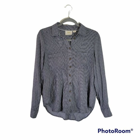 Women's Sz 4 Anthropologie  Maeve Navy Blue Polka Dot  Stripe Button Down Blouse - Picture 1 of 9